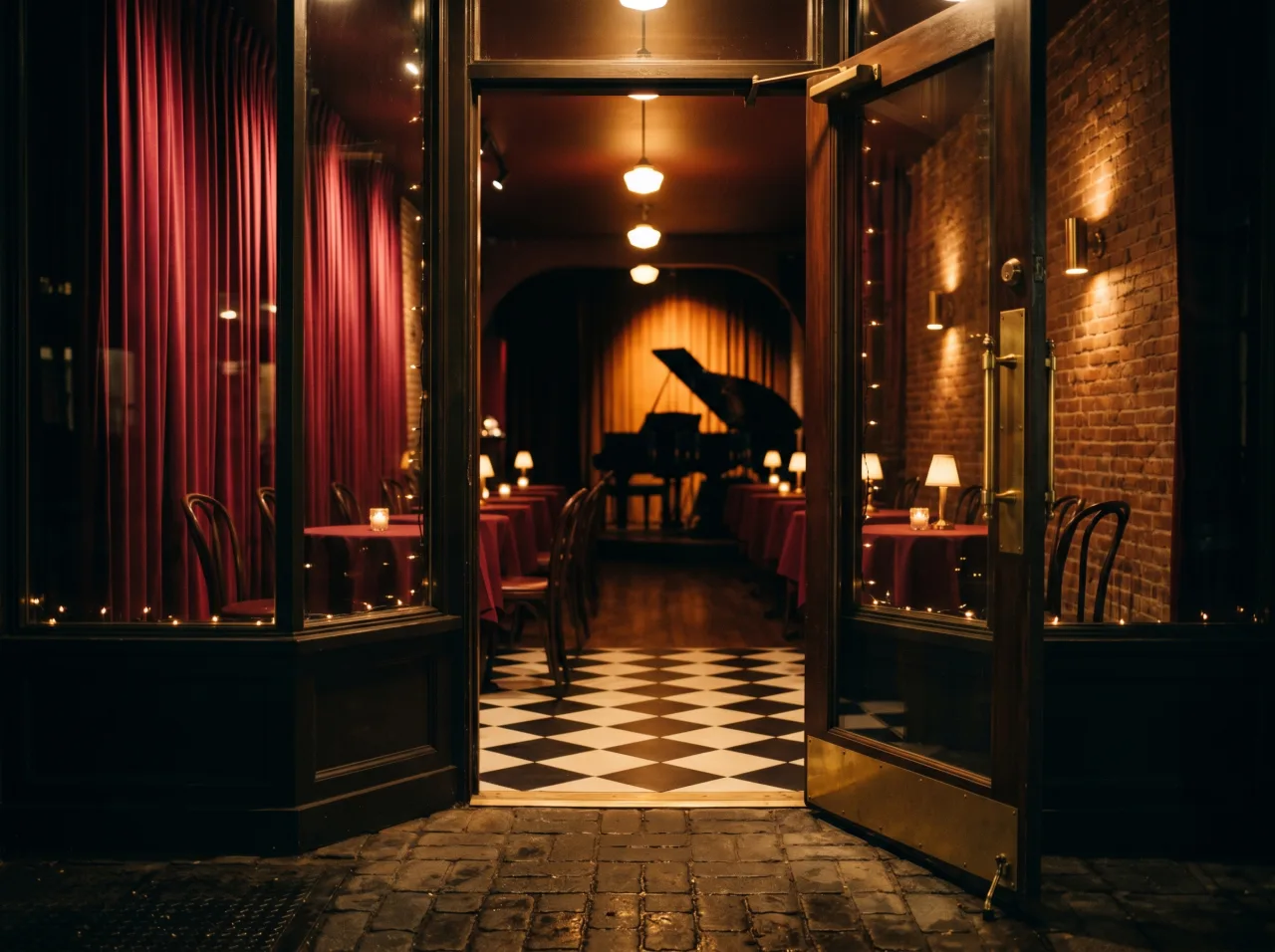 La entrada de El Barítono: puerta de latón hacia el cabaret íntimo, cortinas rojas y piano al fondo